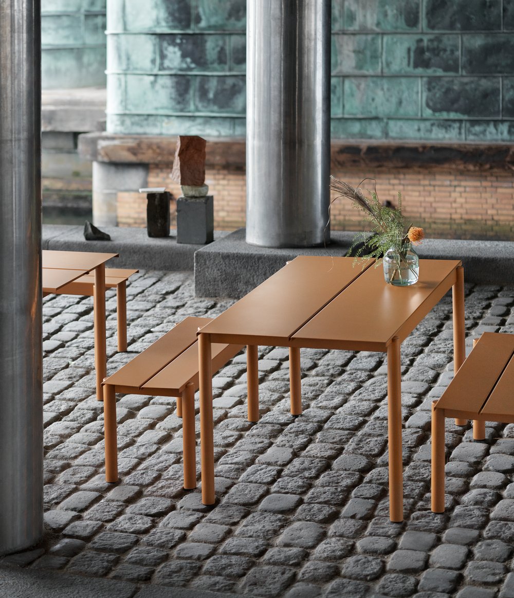 linear steel table bench burnt orange silent vertical 2 muuto