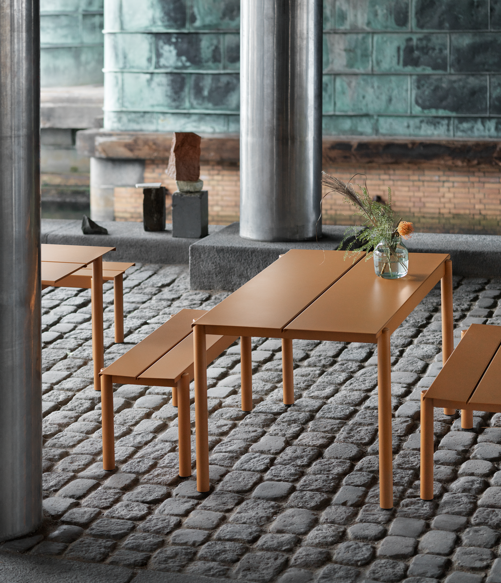 linear steel table bench burnt orange silent vertical 2 muuto