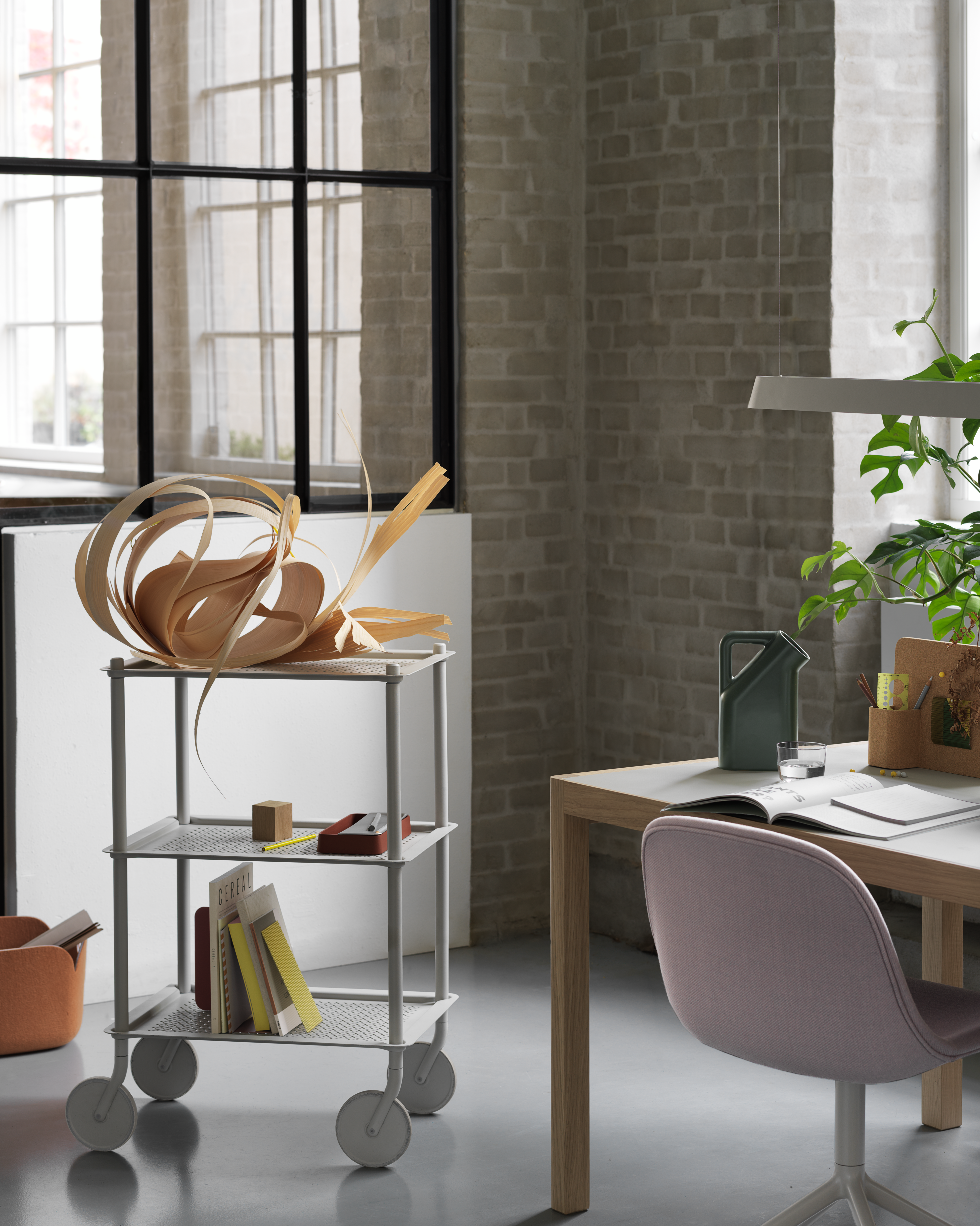 Flow Trolley 3-Layer in Grey, Workshop Table in Oak/Warm Grey, Fiber Side Chair w. Swivel Base in Grey and Twill Weave 620, Story Pinboard, Linear Pendant
