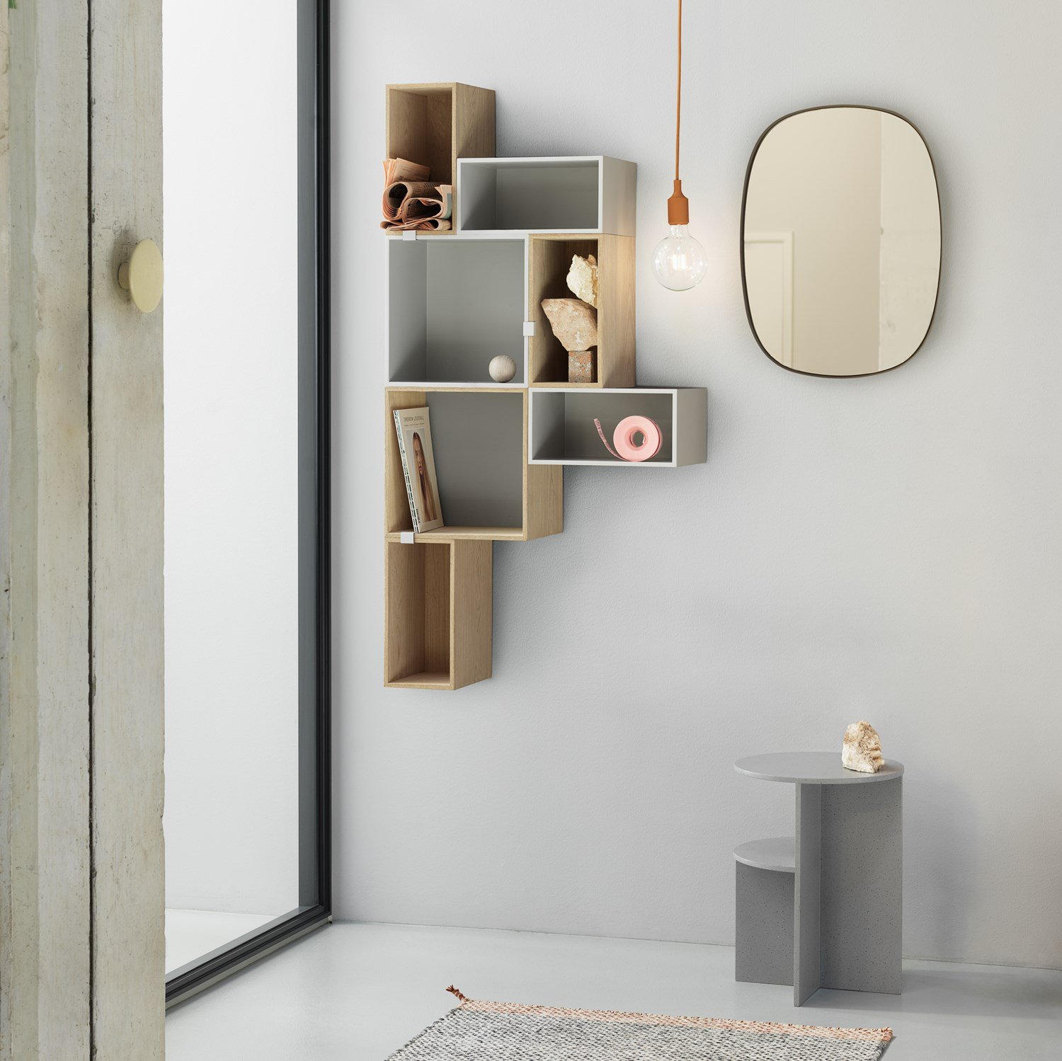 Mini-Stacked-Group-Oak-Light-Gray-E27-Clay-Brown-Framed-Mirror-Halves-side-tabe-ply-Dots-org