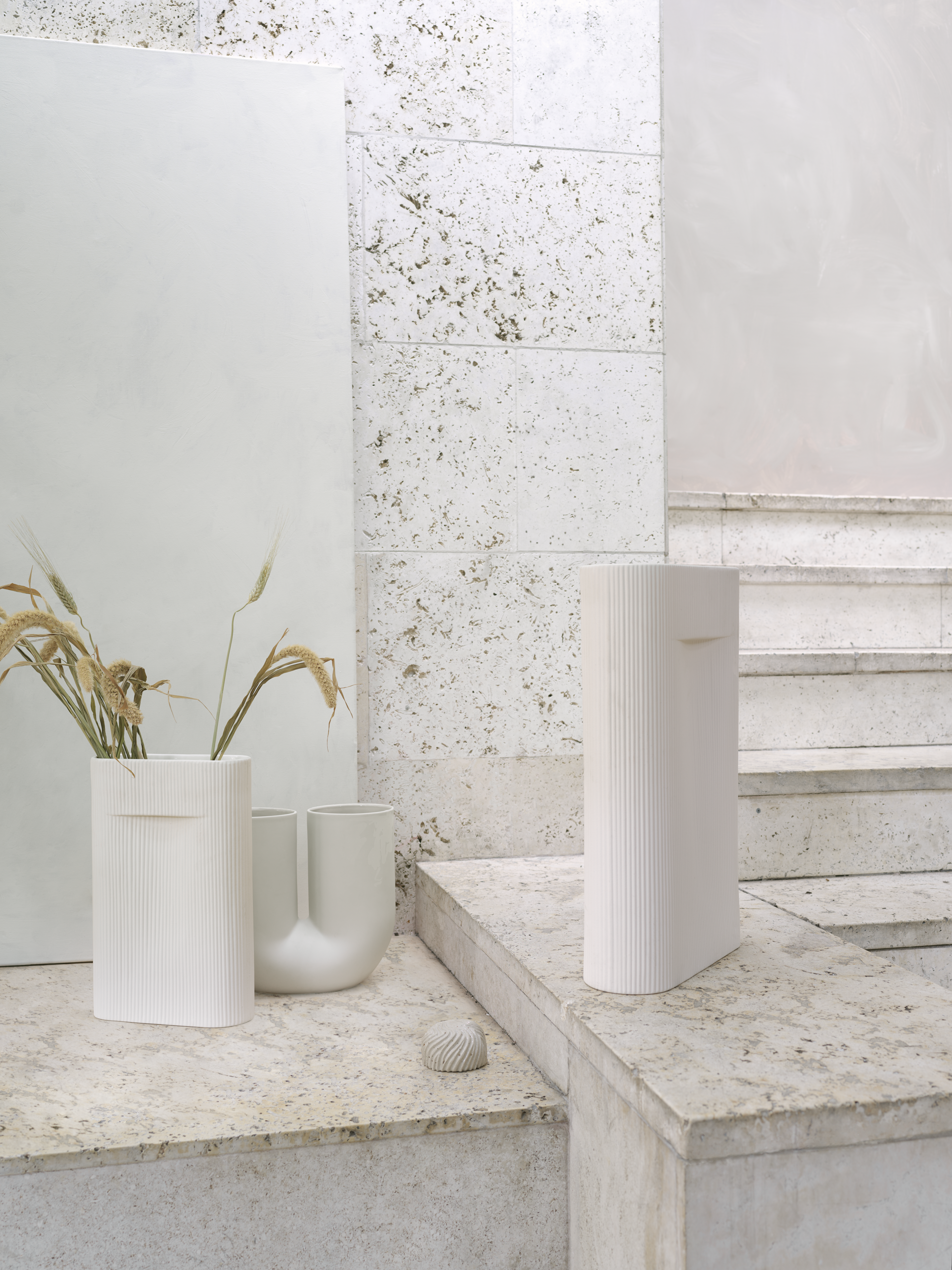 Ridge Vase in Off-White, Kink Vase in Sand