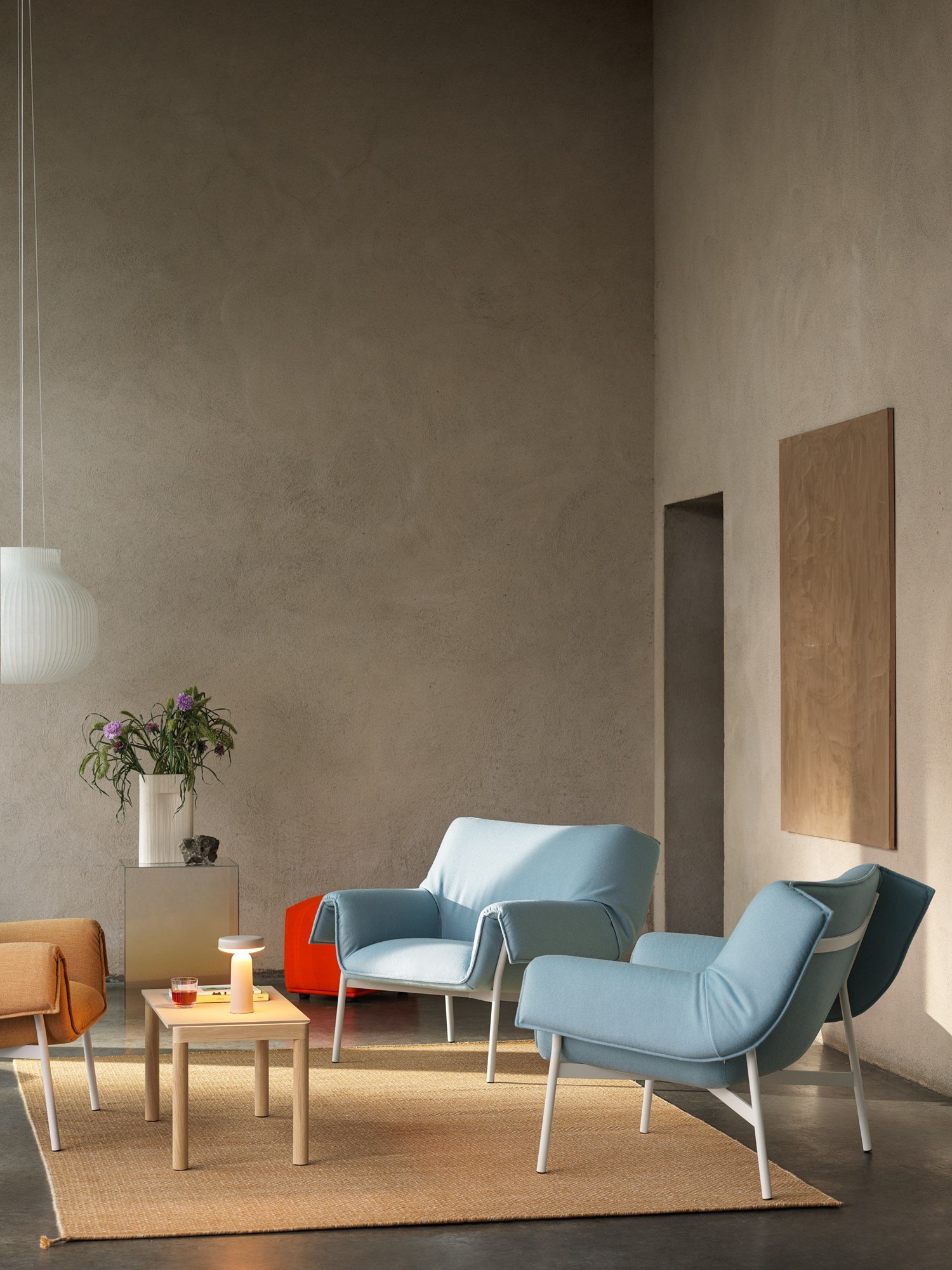 Wrap Lounge Chair in Hero 732/Grey & Fiord 451/Grey, Couple Coffee Table 40x84x40 Wavy in Sand/Oak, Ease Portable Lamp in Grey, Echo Pouf in Vidar 542, Strand Pendant in Ø60 cm, Ply Rug in Burnt Orange 200x300 cm, Ridge Vase in White Wrap Lounge Chair in Hero 732/Grey & Fiord 451/Grey, Couple Coffee Table 40x84x40 Wavy in Sand/Oak, Ease Portable Lamp in Grey, Echo Pouf in Vidar 542, Strand Pendant in Ø60 cm, Ply Rug in Burnt Orange 200x300 cm, Ridge Vase in White