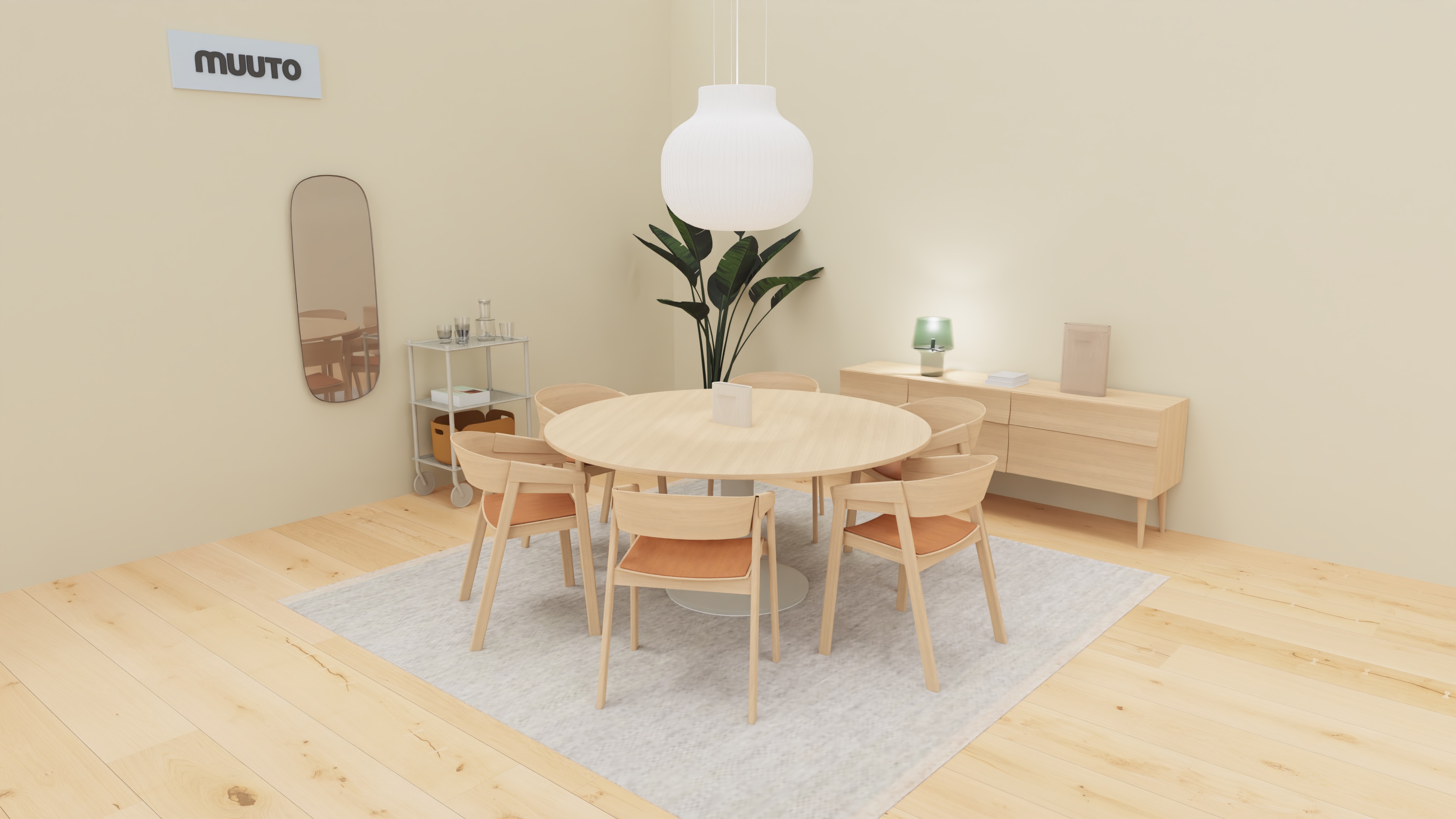 COVER ARMCHAIR / OAK/REFINE LEATHER COGNAC
MIDST TABLE / Ø160 CM / OAK/GREY
REFLECT SIDEBOARD / LARGE / OAK
FLOW TROLLEY / 3-LAYER / GREY
STRAND PENDANT LAMP /  Ø60 / CLOSED 
COSY IN GREY  TABLE LAMP / GREY
FRAMED MIRROR / LARGE / TAUPE/CLEAR
PLY RUG / 280X280 CM / BLACK-WHITE
RIDGE VASE / H35 CM / OFF-WHITE
RIDGE VASE / H16,5 CM / OFF-WHITE
RESTORE BASKET / BURNT ORANGE
