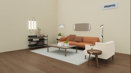 OUTLINE SOFA / 3-SEATER / REFINE LEATHER COGNAC/BLACK
OUTLINE CHAIR /  ECRITURE 210 / BLACK BASE 
CLAY COFFEE TABLE / 120x84x35 CM / 3 PLAIN / TAUPE/DARK OILED OAK
AROUND COFFEE TABLE / SMALL / STAINED DARK BROWN
COMPILE SHELVING SYSTEM / CONFIG. 2 / BLACK
TWO-LAYER PENDANT LAMP / GREY
POST FLOOR LAMP / BLACK
EASE PORTABLE LAMPE / TAUPE
FRAMED MIRROR  / LARGE / TAUPE/TAUPE GLASS
PLY RUG / 200X300CM / MIDNIGHT BLUE
RIDGE PLANTER H 13 CM + H 15 CM / OFF-WHITE
RIDGE VASE H 16,5 CM + H 35 CM / TAUPE FROSTED GLASS
