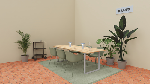 70/70 OUTDOOR TABLE 225x90 SAPELE MAHOGANY / GREY 
FIBER OUTDOOR ARMCHAIR / DUSTY GREEN
EASE PORTABLE LAMP / LIGHT BLUE
RAISE CARAFE & GLASSES / CLEAR
FLOW TROLLEY 3-LAYER / TAUPE
PLY RUG / 200 X 300 CM / MOSS GREEN RECYCLED
