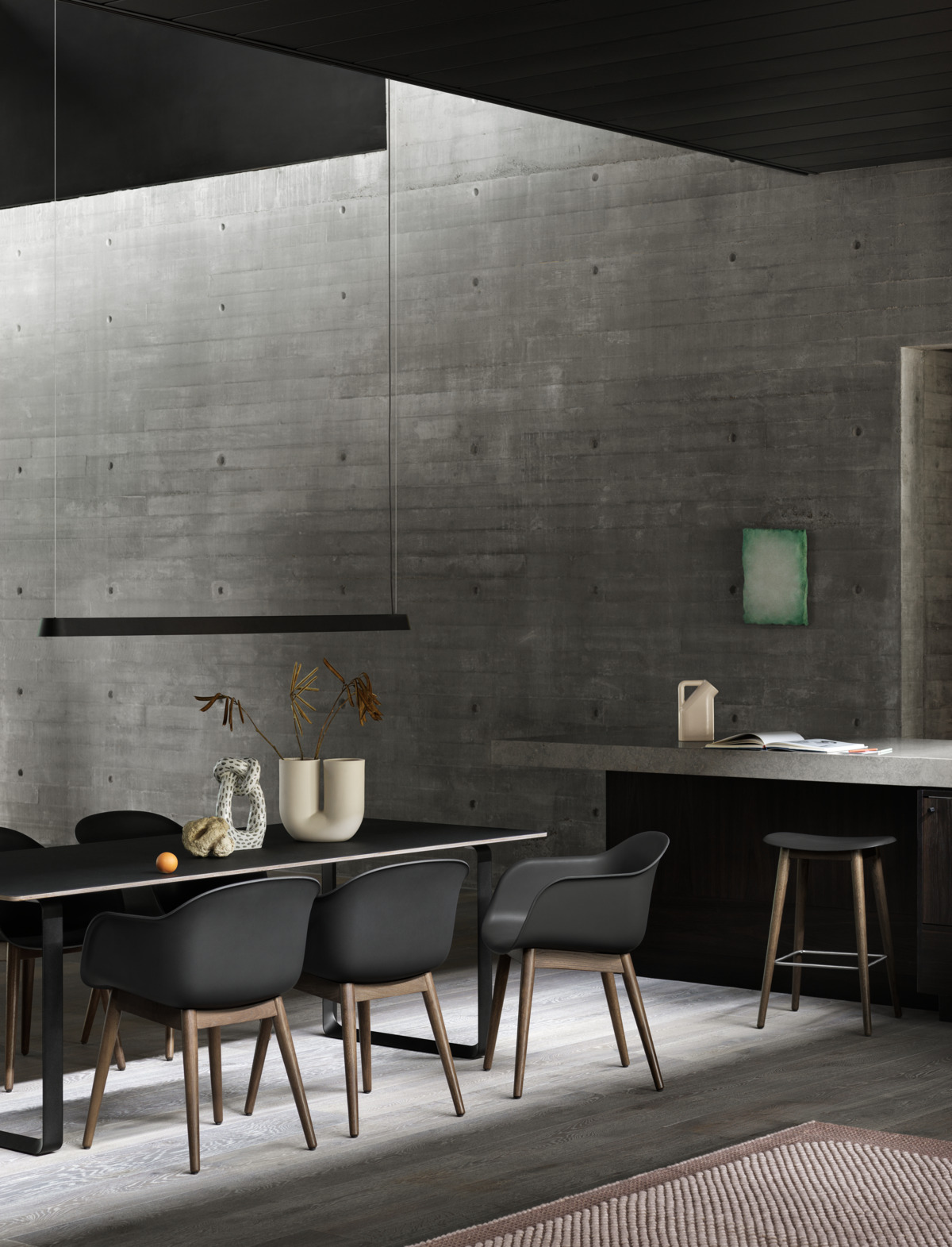 Linear Pendant Lamp 169 cm in Black, 70/70 Table in Black, Fiber Armchair w. Wood Base in Black/Stained Dark Brown, Fiber Counter Stool in Black/Stained Dark Brown